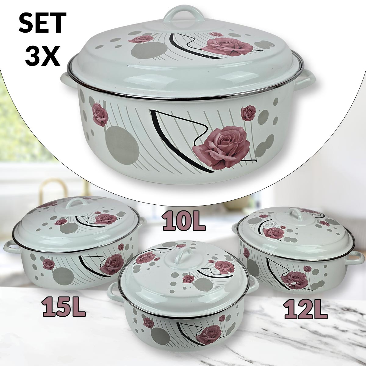 XXL комплект от 3 емайлирани тенджери - Modern Rose
